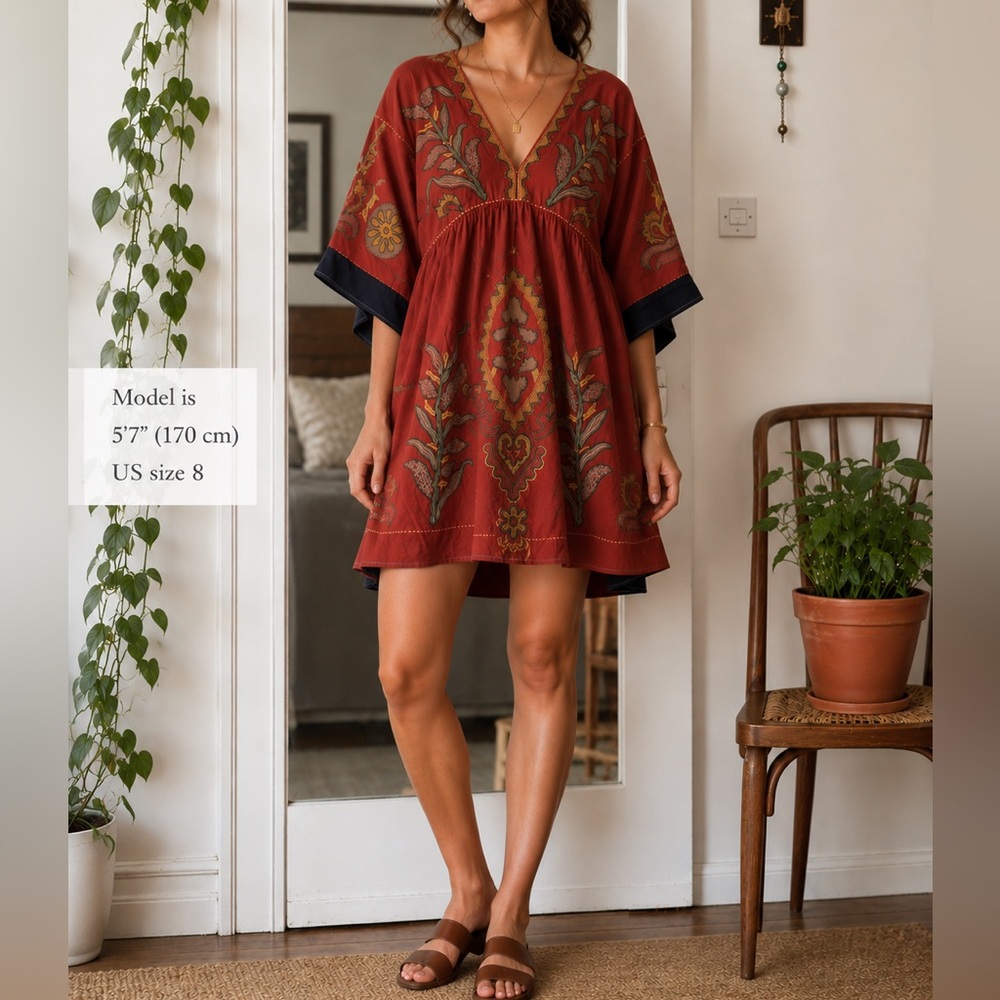 Boho Embroidered V-Neck Mini Dress in Rust